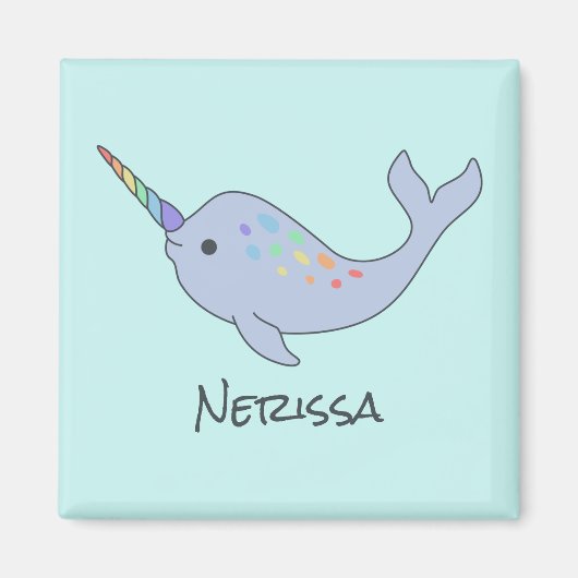 Rainbow Narwhal Name Square Magnet (Voorkant)
