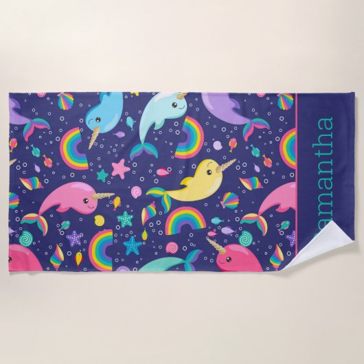 Rainbow Narwhal onder het Zee Meisjes gepersonalis Strandlaken (Voorkant)