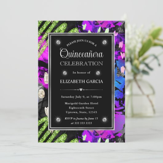 Rainbow Neon Abstract Glitter Lijst Quinceanera Kaart (Staand voorkant)