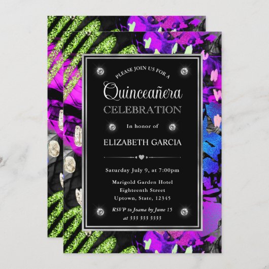 Rainbow Neon Abstract Glitter Lijst Quinceanera Kaart (Voorkant / Achterkant)