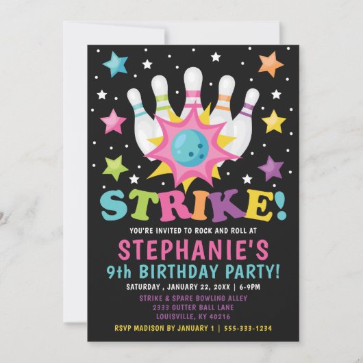 Rainbow Neon Bowling Birthday Kaart (Voorkant)