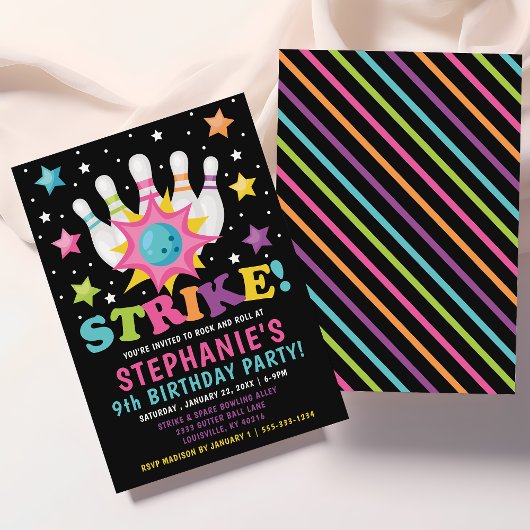 Rainbow Neon Bowling Birthday Kaart