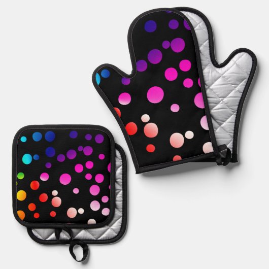 Rainbow Neon Polka Dots Ovenwant & Pannenlap Set (Voorkant / Achterkant)