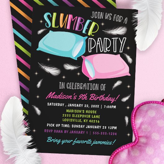 Rainbow Neon Slumber Party Sluepover Birthday Kaart