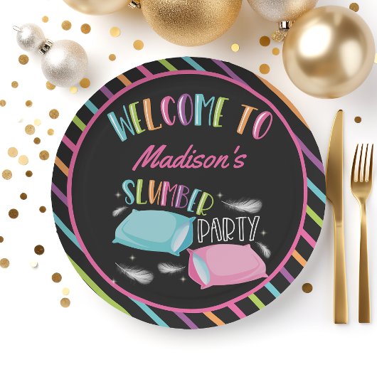 Rainbow Neon Slumber Party Sluepover Persoonlijk Papieren Bordje