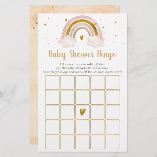 Rainbow Neutral Gold Pastel Baby shower Bingo Game (Voorkant / Achterkant)