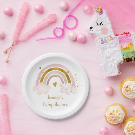 Rainbow Neutral Gold Pastel Baby shower Papieren Bordje (Feest)