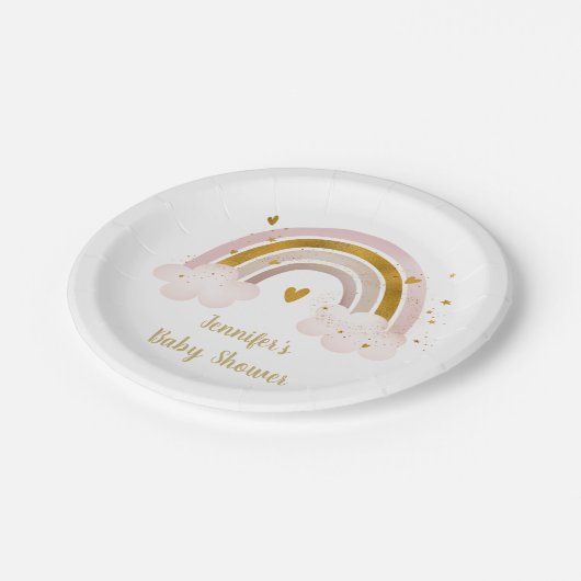 Rainbow Neutral Gold Pastel Baby shower Papieren Bordje (Gekanteld)