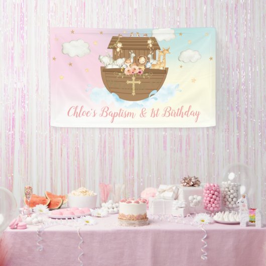 Rainbow Noah's Ark 1st Birthday Baptism Backdrop Spandoek (Feest)