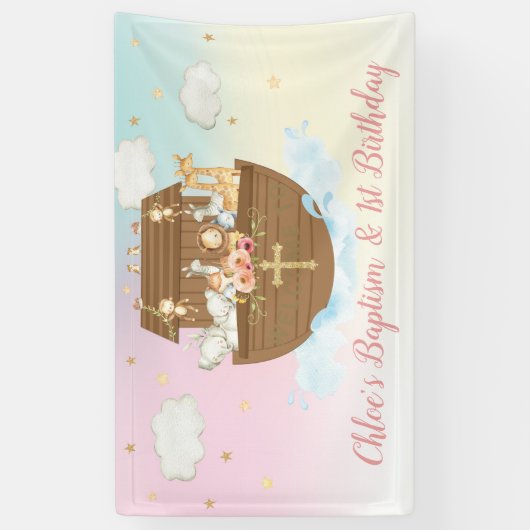 Rainbow Noah's Ark 1st Birthday Baptism Backdrop Spandoek (Verticaal)