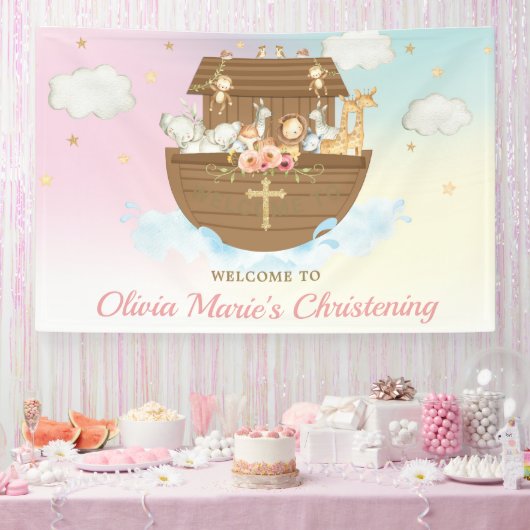 Rainbow Noah's Ark Christening Baptism Backdrop Spandoek (Feest)