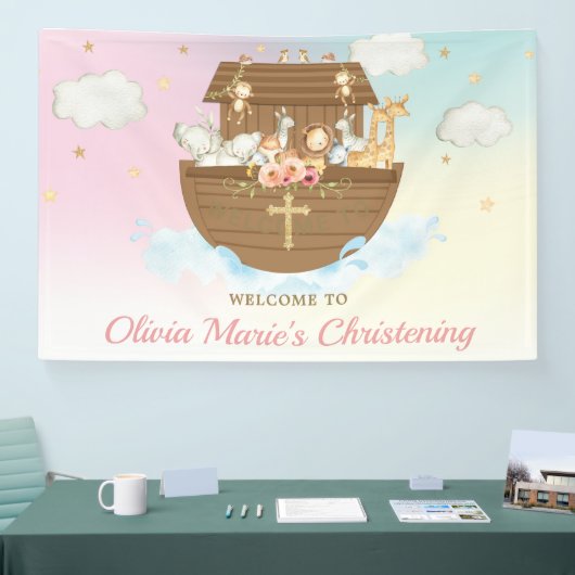 Rainbow Noah's Ark Christening Baptism Backdrop Spandoek (Beurs)