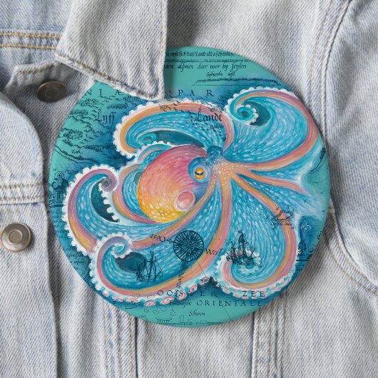 Rainbow Octopus Blauwgroen kaart Ronde Button 6,0 Cm (In situ)