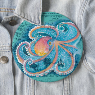 Rainbow Octopus Blauwgroen kaart Ronde Button 6,0 Cm