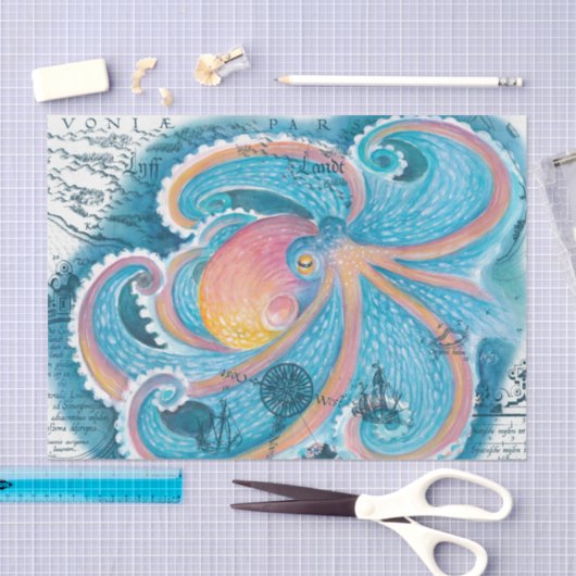 Rainbow Octopus Blue  Map Nautical Marine Tissuepapier (Craft)