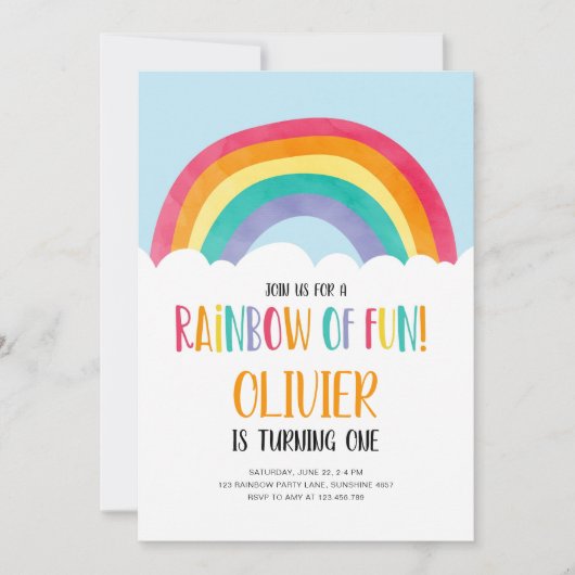 Rainbow of Fun Blue Boy Birthday Invitation Kaart (Voorkant)