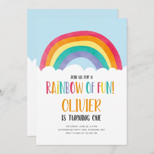 Rainbow of Fun Blue Boy Birthday Invitation Kaart (Voorkant / Achterkant)