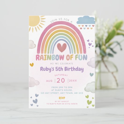 Rainbow of Fun Verjaardagsfeest Nodig Heldere Kleu Kaart (Staand voorkant)