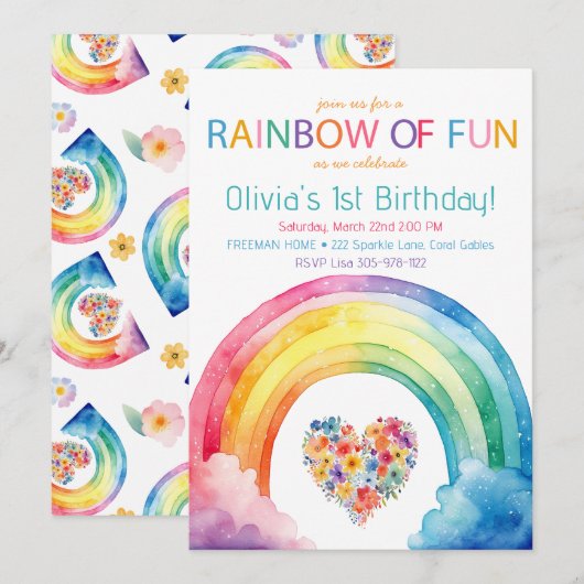 Rainbow of Fun Waterverf Meisje Verjaardag Uitnodi Kaart (Voorkant / Achterkant)