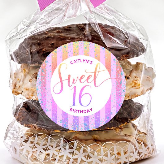 Rainbow ombre glitter script, zoet 16-jarig ronde sticker