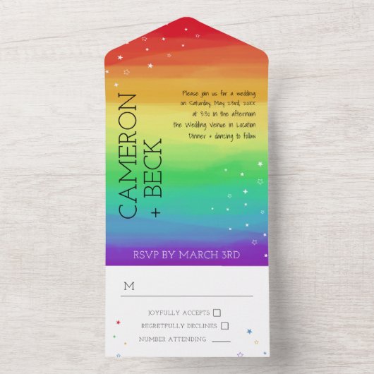 Rainbow Ombre & Stars LGBT Weddenschap in één Invi All In One Uitnodiging (Binnen)