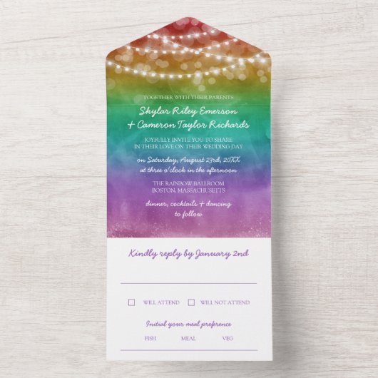 Rainbow Ombre String Lights Gay Wedding All In One Uitnodiging (Binnen)
