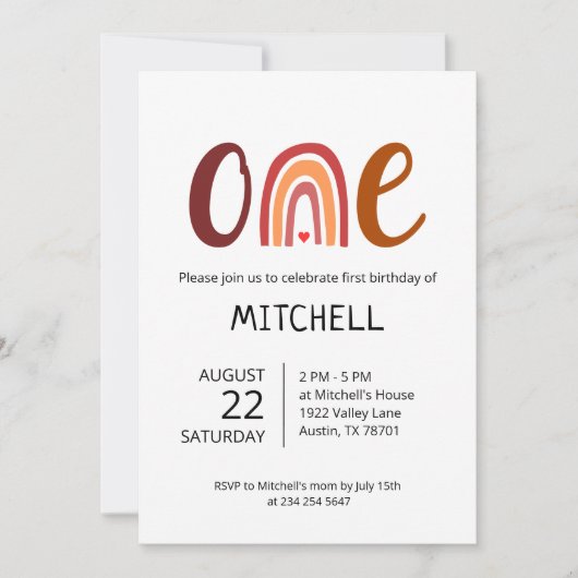 Rainbow One First Birthday Invitation Kaart (Voorkant)