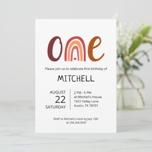 Rainbow One First Birthday Invitation Kaart (Staand voorkant)