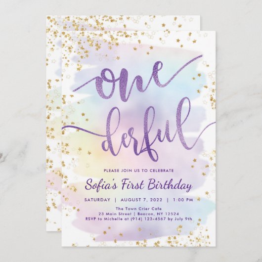 Rainbow Onederful Birthday Invitation Kaart (Voorkant / Achterkant)