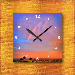 Rainbow oranje blue sunset sky landscape foto vierkante klok