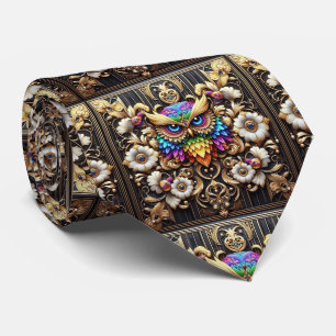 Rainbow Owl Art Deco Herenzijden Das – Zwart, Wit 