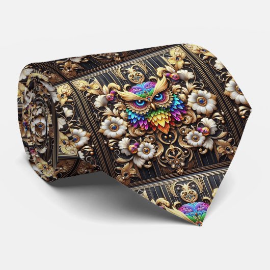 Rainbow Owl Art Deco Herenzijden Das – Zwart, Wit  (Opgerold)