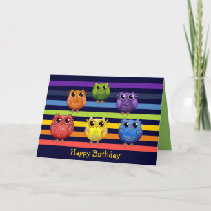 Rainbow Owls Birthday Custom Text Card Kaart