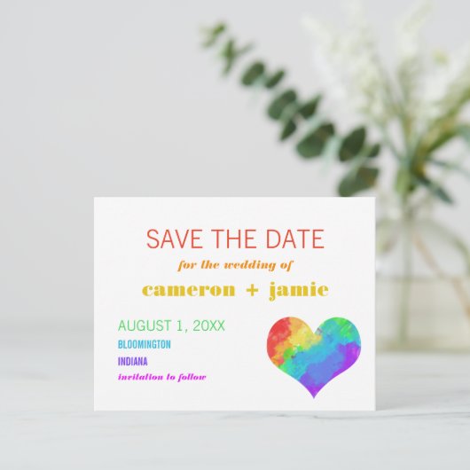 Rainbow Paint Heart Gay Lesbian Save the Date Aankondigingskaart (Staand voorkant)