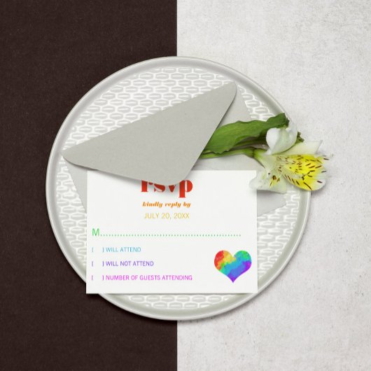 Rainbow Paint Heart Gay Lesbian Wedding RSVP Kaartje