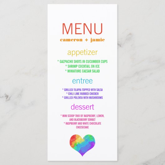 Rainbow Paint Heart Lesbian Gay Wedding Menu (Voorkant)