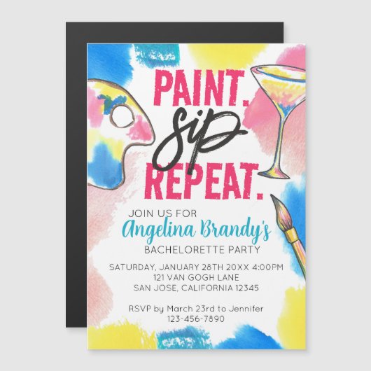 Rainbow Paint Sip Herhaal Bachelorette Party Magnetische Uitnodiging (Voorkant / Achterkant)
