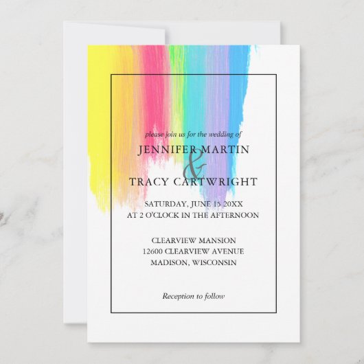 Rainbow Paint Strokes Gay Lesbian Artistic Wedding Kaart (Voorkant)