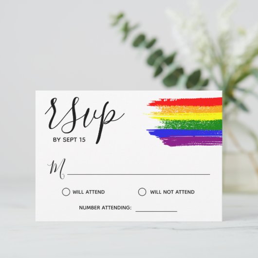Rainbow Paint Strokes LGBT Wedding RSVP (Staand voorkant)