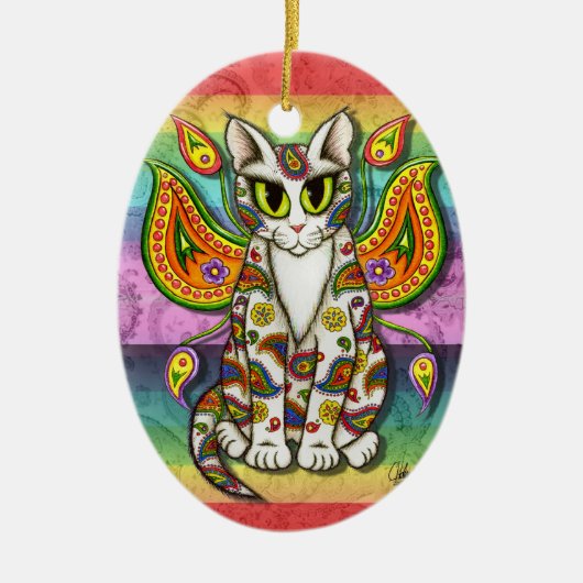 Rainbow Paisley Fairy Cat Fantasy Art Ornament (Voorkant)