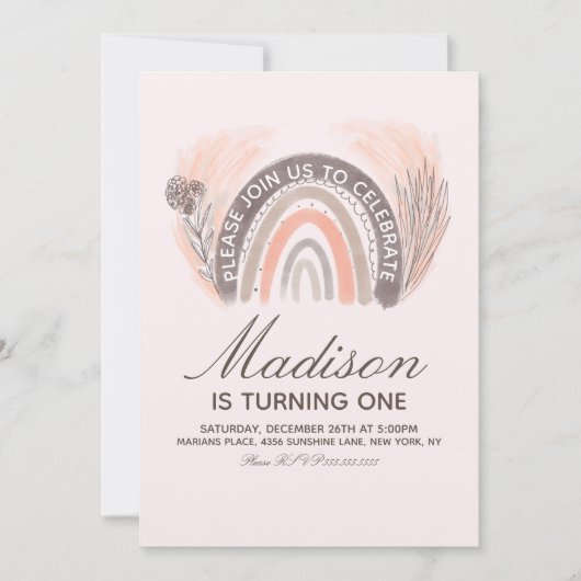 Rainbow Pampas Doodle Bohemian Birthday Rustic Kaart (Voorkant)