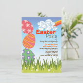 Rainbow Party of Cute Easter Bunny Rabbit Eggs Inv Kaart (Staand voorkant)