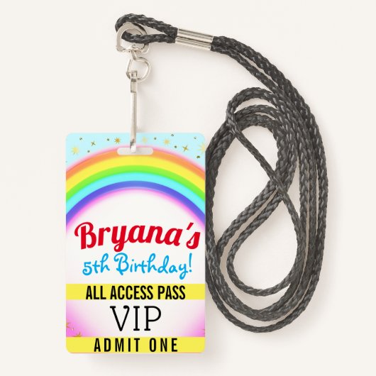 Rainbow Party Sparkle VIP Pass Birthday Party Badge (Voorkant met draagriem)