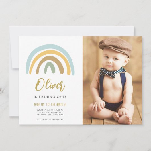Rainbow Pastel Boho Muted Blue Boy First Birthday Kaart (Voorkant)