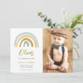 Rainbow Pastel Boho Muted Blue Boy First Birthday Kaart (Staand voorkant)