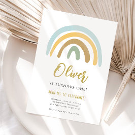 Rainbow Pastel Boho Muted Blue Boy First Birthday Kaart