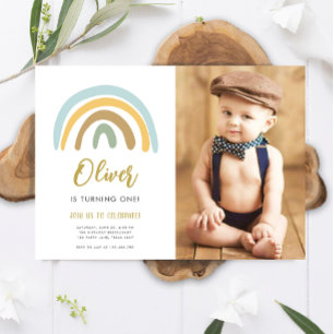 Rainbow Pastel Boho Muted Blue Boy First Birthday Kaart