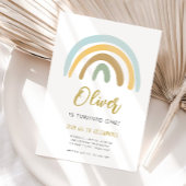 Rainbow Pastel Boho Muted Blue Boy First Birthday Kaart