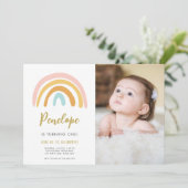 Rainbow Pastel Boho Muted Pink Girl First Birthday Kaart (Staand voorkant)