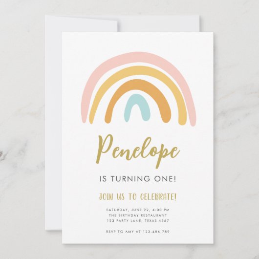 Rainbow Pastel Boho Muted Pink Girl First Birthday Kaart (Voorkant)